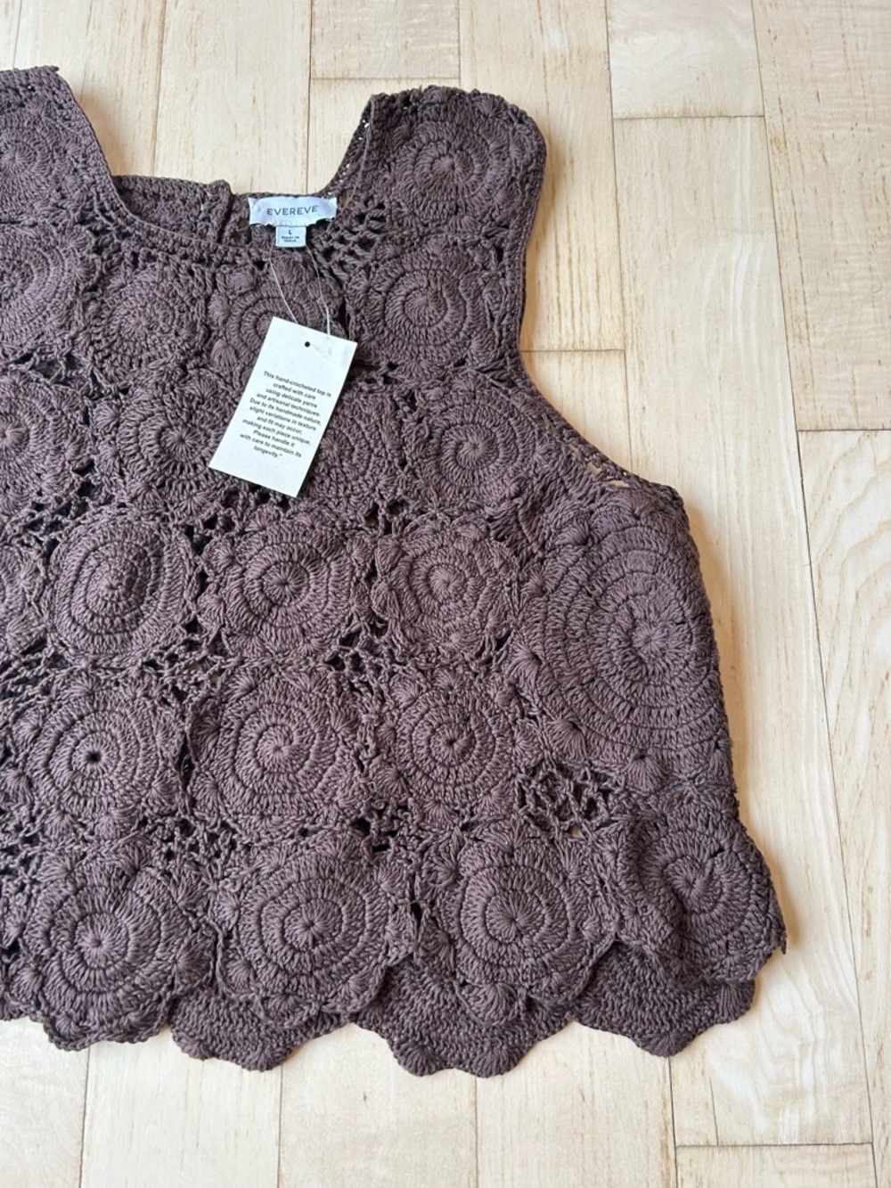 Evereve Hand Crochet Cotton Floral Lace Sleeveless Tank Brown Boho Sz Large NWT - Picture 5 of 16